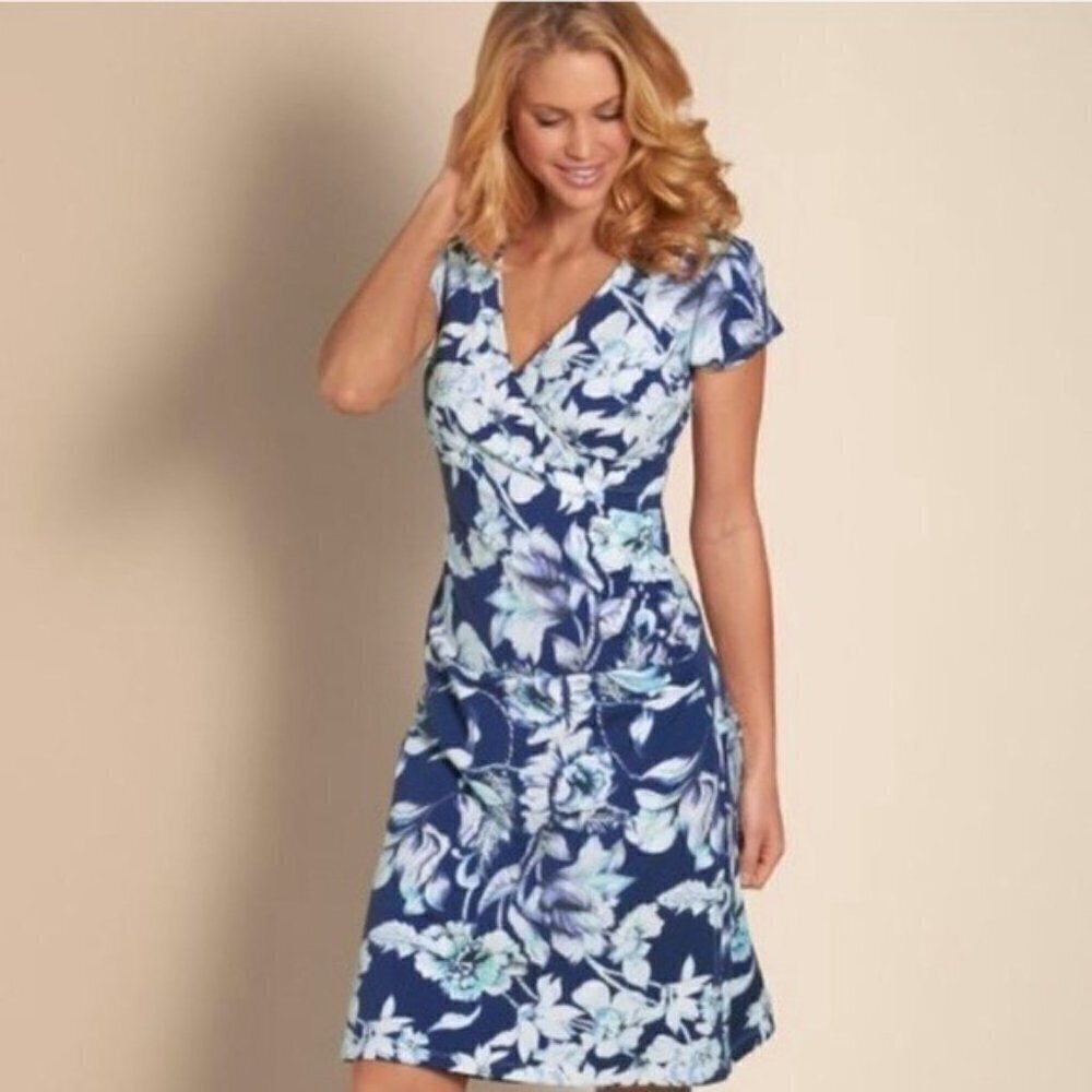 Soft Surroundings Womens Blue Faux Wrap Shapely Anywhere Floral Dress Medium - Picture 1 of 8